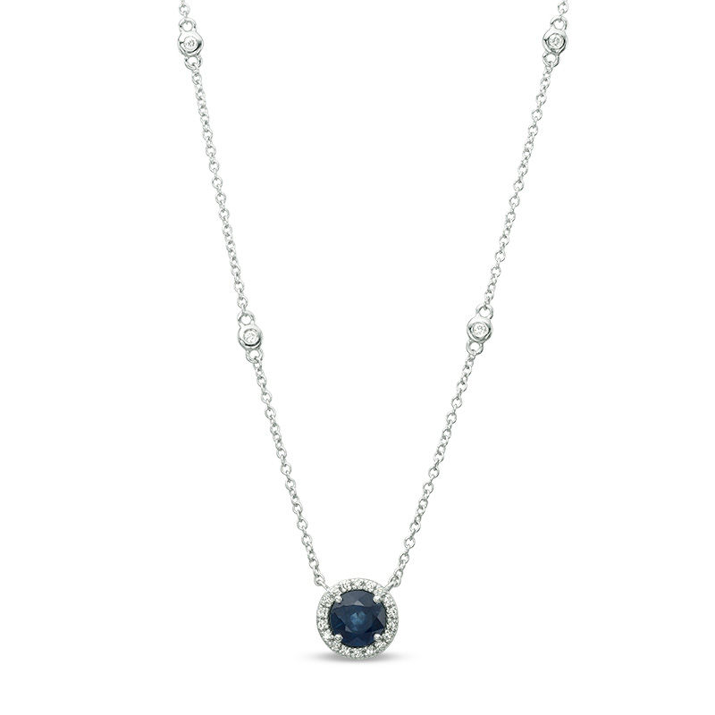 EFFY™ Collection 6.0mm Blue Sapphire and 0.10 CT. T.W. Diamond Frame and Station Necklace in 14K White Gold