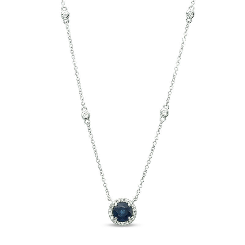 Main Image 1 of EFFY™ Collection 6.0mm Blue Sapphire and 0.10 CT. T.W. Diamond Frame and Station Necklace in 14K White Gold