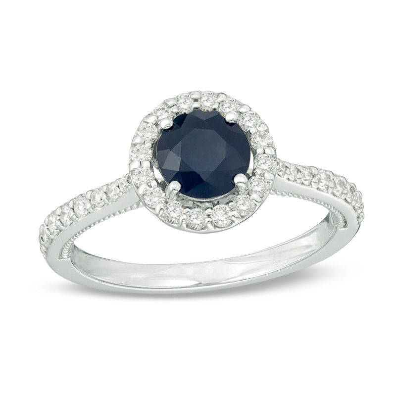 EFFY™ Collection 6.0mm Blue Sapphire and 0.33 CT. T.W. Diamond Frame Vintage-Style Ring in 14K White Gold