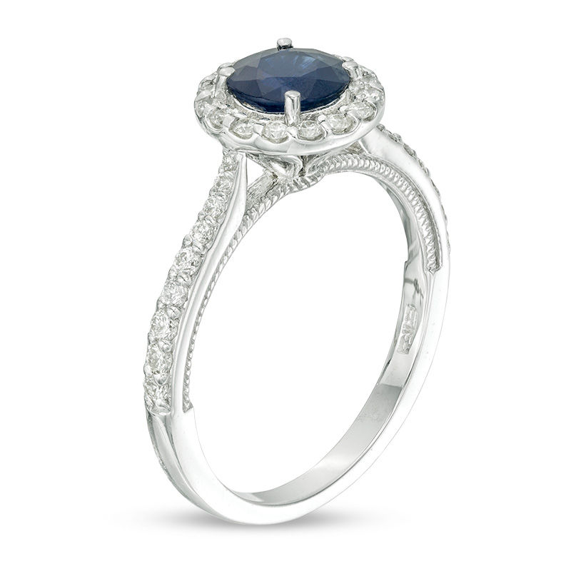 EFFY™ Collection 6.0mm Blue Sapphire and 0.33 CT. T.W. Diamond Frame Vintage-Style Ring in 14K White Gold