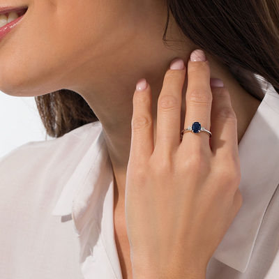 EFFY™ Collection Oval Blue Sapphire and 0.15 CT. T.W. Diamond Three Stone Ring in 14K White Gold