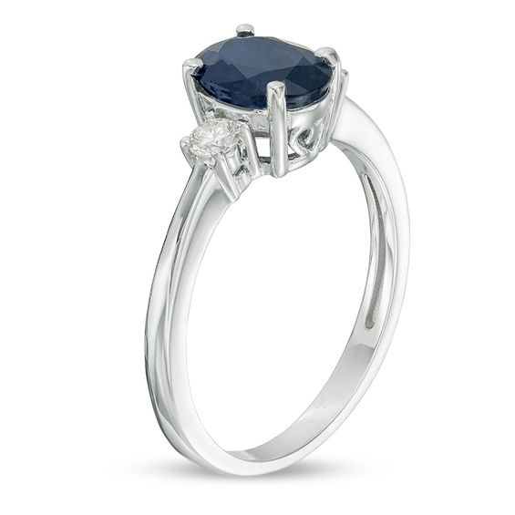 EFFY™ Collection Oval Blue Sapphire and 0.15 CT. T.W. Diamond Three Stone Ring in 14K White Gold