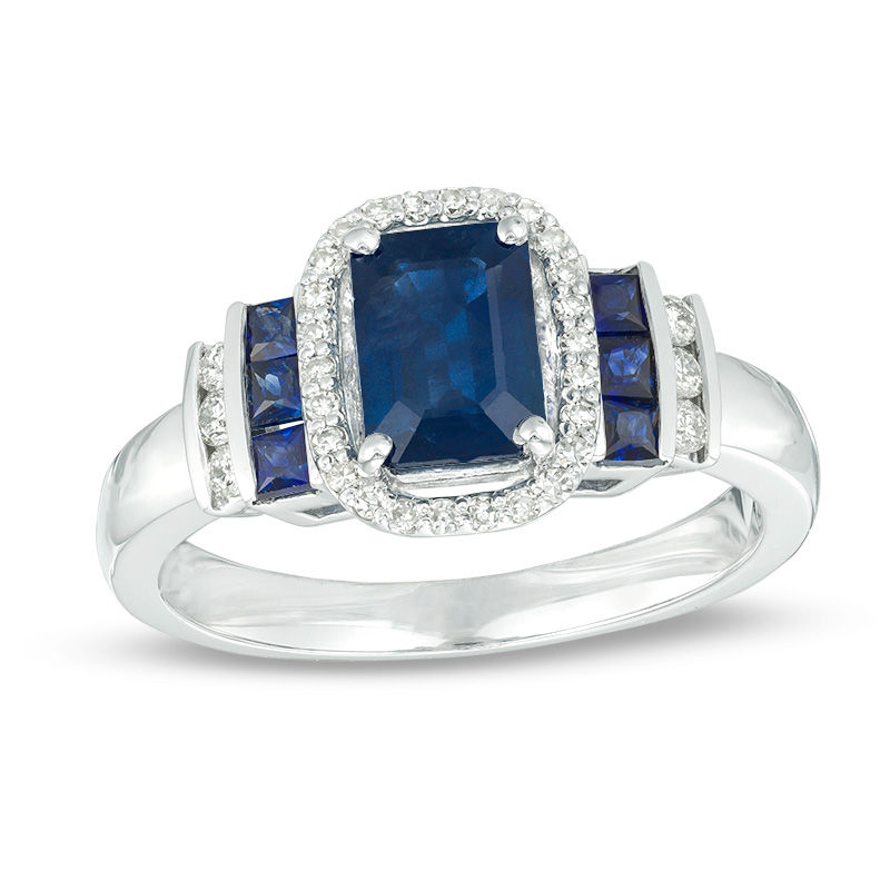 EFFY™ Collection Emerald-Cut Blue Sapphire and 0.19 CT. T.W. Diamond Frame Collar Ring in 14K White Gold
