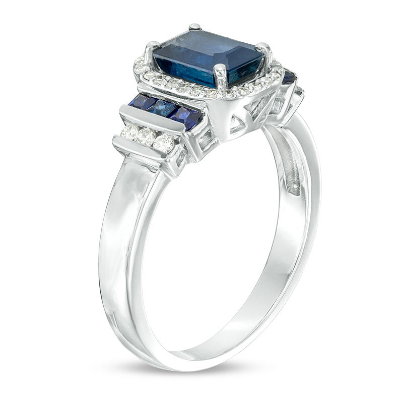 EFFY™ Collection Emerald-Cut Blue Sapphire and 0.19 CT. T.W. Diamond Frame Collar Ring in 14K White Gold