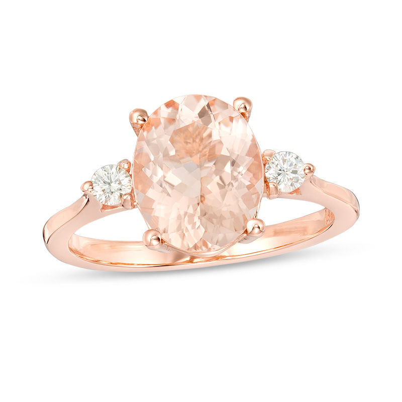 EFFY™ Collection Oval Morganite and 0.11 CT. T.W. Diamond Three Stone Ring in 14K Rose Gold
