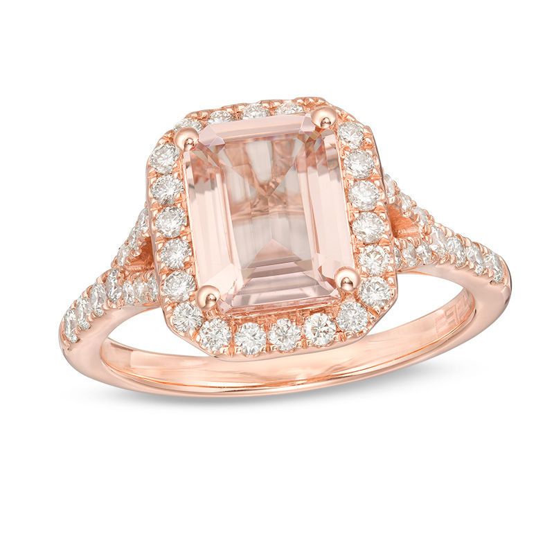 EFFY™ Collection Emerald-Cut Morganite and 0.48 CT. T.W. Diamond Frame Ring in 14K Rose Gold