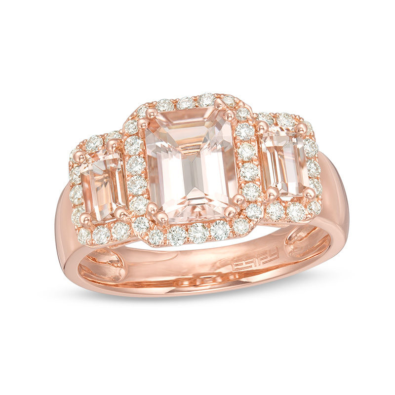 EFFY™ Collection Emerald-Cut Morganite and 0.30 CT. T.W. Diamond Three Stone Frame Ring in 14K Rose Gold
