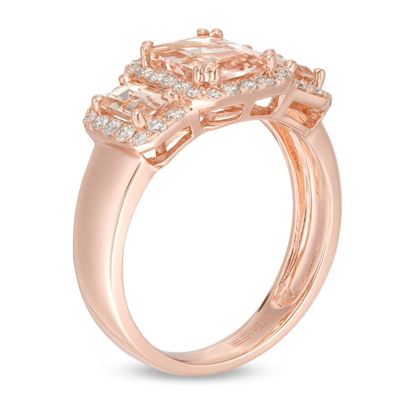 EFFY™ Collection Emerald-Cut Morganite and 0.30 CT. T.W. Diamond Three Stone Frame Ring in 14K Rose Gold