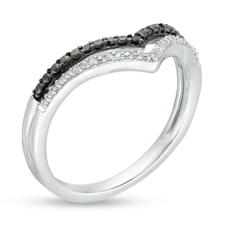 Main Image 3 of 0.10 CT. T.W. Enhanced Black and White Diamond Double Row Chevron Ring in Sterling Silver