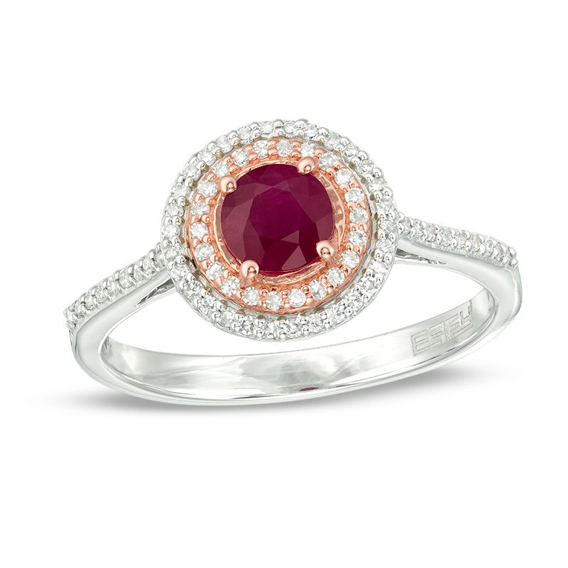 EFFY™ Collection 5.0mm Ruby and 0.20 CT. T.W. Diamond Double Frame Ring in 14K Two-Tone Gold