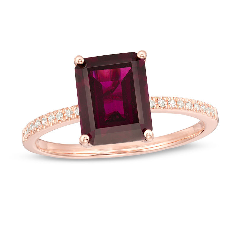 EFFY™ Collection Emerald-Cut Rhodolite Garnet and 0.07 CT. T.W. Diamond Ring in 14K Rose Gold