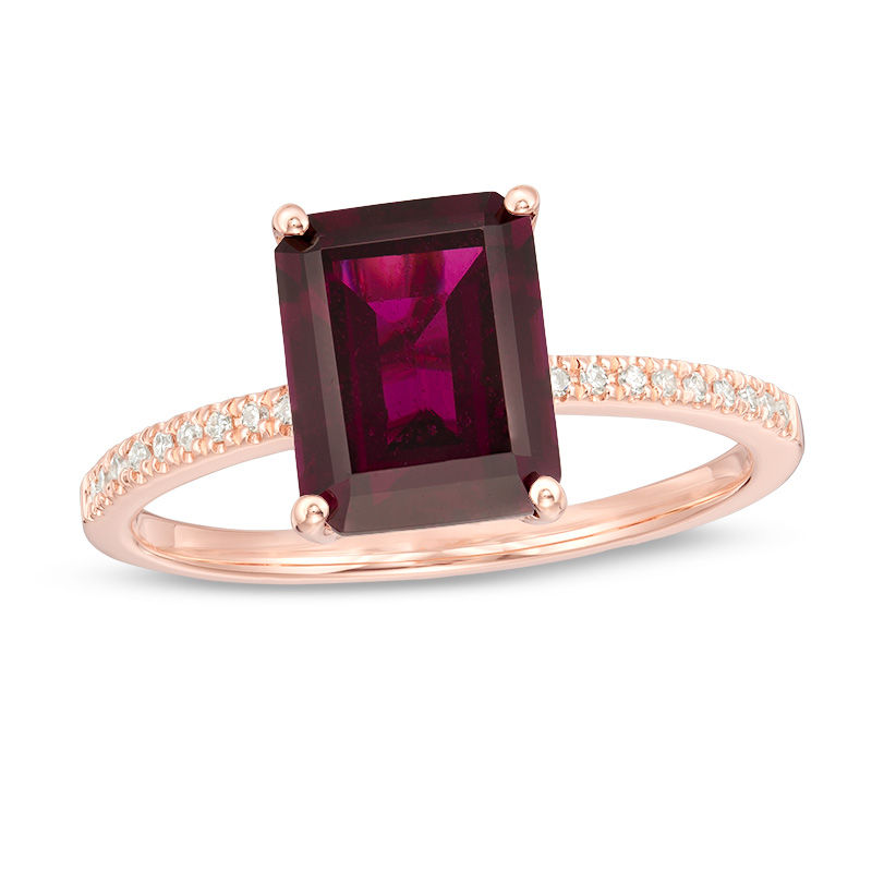 Main Image 1 of EFFY™ Collection Emerald-Cut Rhodolite Garnet and 0.07 CT. T.W. Diamond Ring in 14K Rose Gold