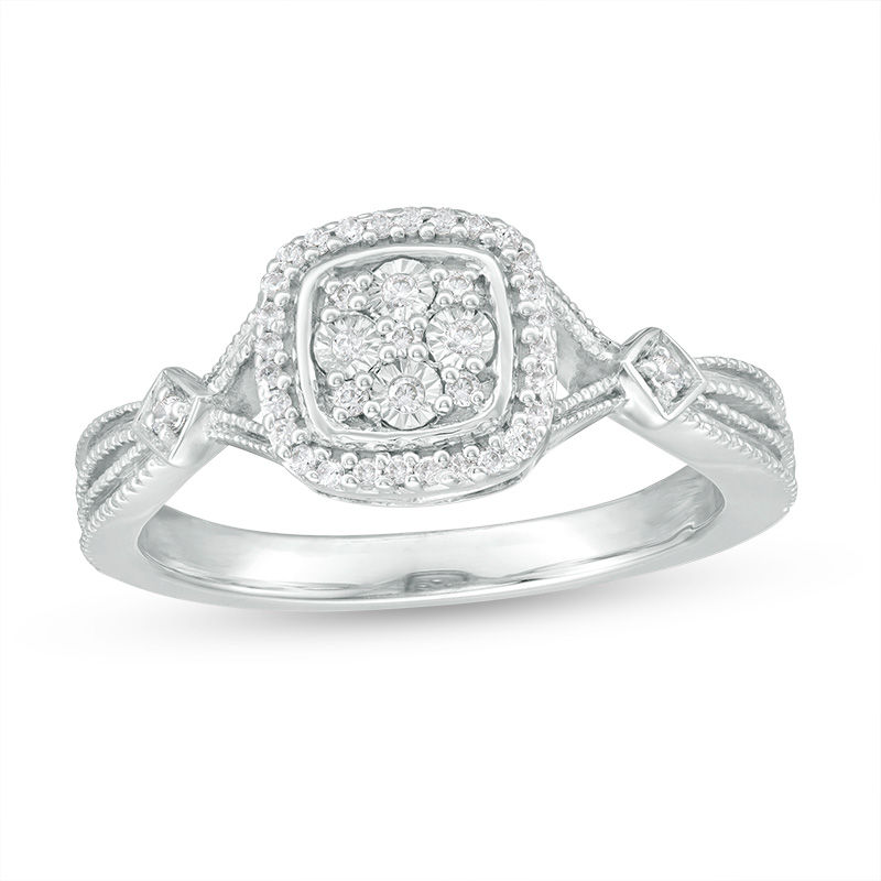 0.115 CT. T.W. Composite Diamond Cushion Frame Vintage-Style Ring in Sterling Silver