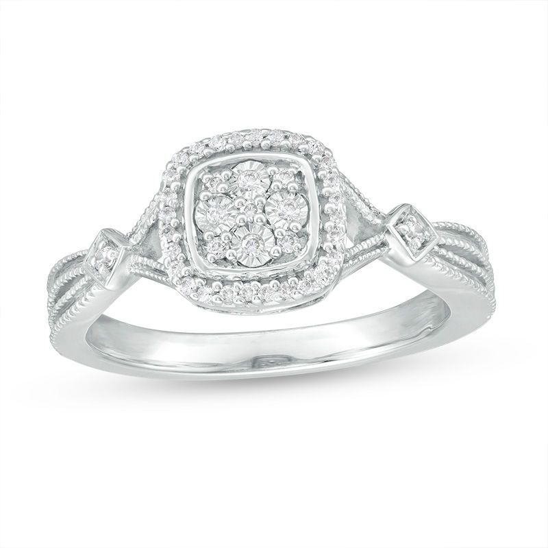 Main Image 1 of 0.115 CT. T.W. Composite Diamond Cushion Frame Vintage-Style Ring in Sterling Silver