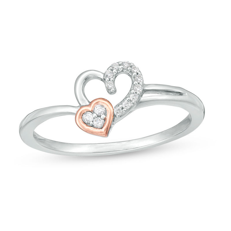 0.085 CT. T.W. Diamond Double Hearts Ring in Sterling Silver and 10K Rose Gold