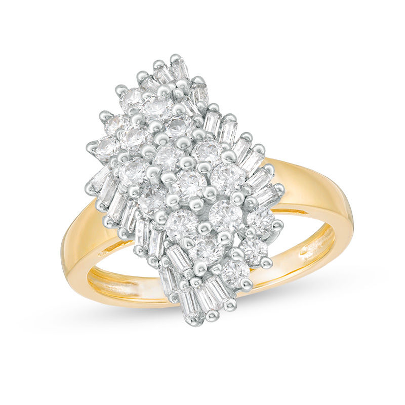 0.95 CT. T.W. Baguette and Round Composite Cascade Diamond Ring in 10K Gold