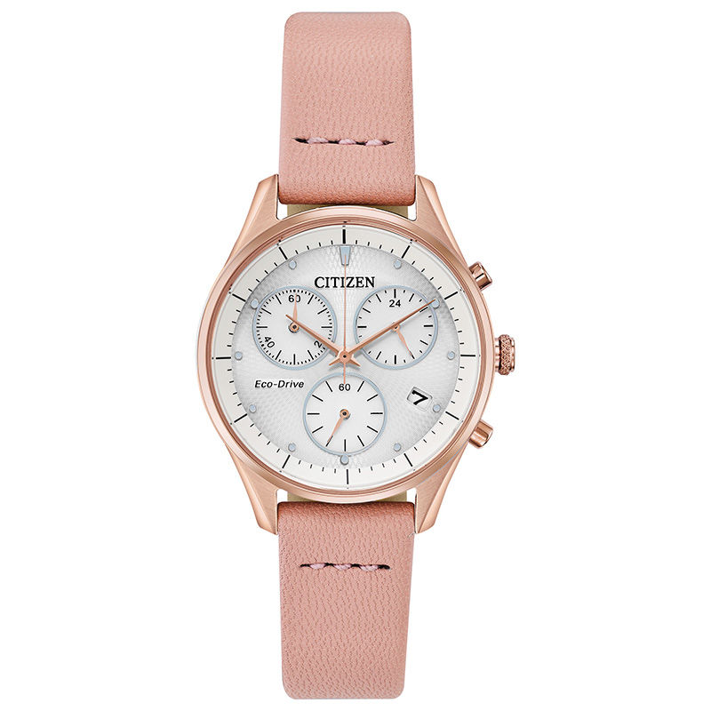 Ladies' Citizen Eco-Drive® Chandler Chronograph Rose-Tone Strap Watch with White Dial (Model: FB1443-08A)
