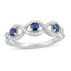 Thumbnail Image 1 of 3.0mm Blue Sapphire and 0.15 CT. T.W. Diamond Three Stone Twist Shank Stackable Band in 10K White Gold