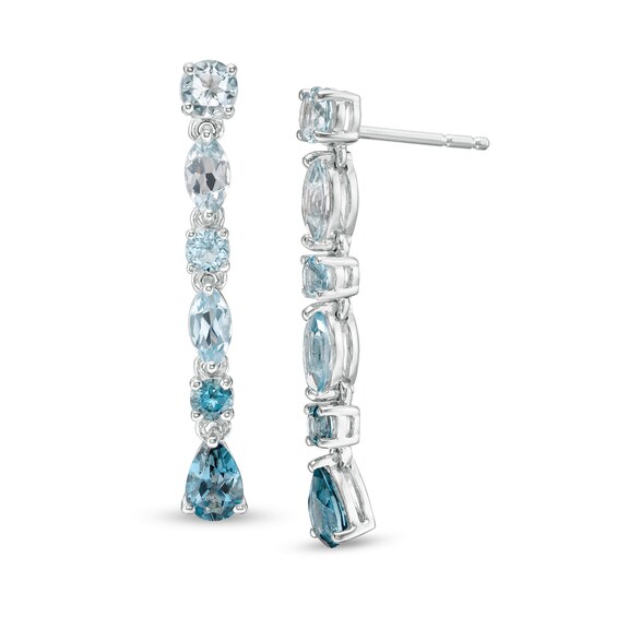 Multi-Shaped Blue Topaz Linear Drop Earrings in Sterling Silver