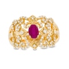 Thumbnail Image 0 of Oval Ruby and 0.67 CT. T.W. Diamond Triple Row Split Shank Vintage-Style Ring in 10K Gold