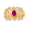 Thumbnail Image 1 of Oval Ruby and 0.67 CT. T.W. Diamond Triple Row Split Shank Vintage-Style Ring in 10K Gold