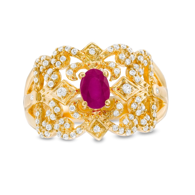 Oval Ruby and 0.67 CT. T.W. Diamond Triple Row Split Shank Vintage-Style Ring in 10K Gold