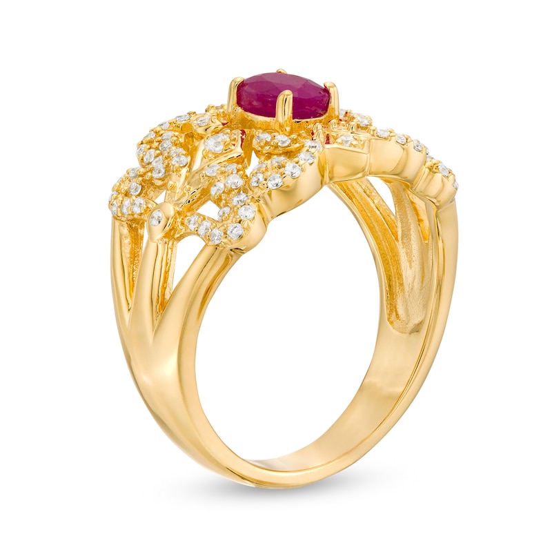Oval Ruby and 0.67 CT. T.W. Diamond Triple Row Split Shank Vintage-Style Ring in 10K Gold