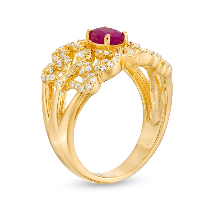 Oval Ruby and 0.67 CT. T.W. Diamond Triple Row Split Shank Vintage-Style Ring 10K Gold