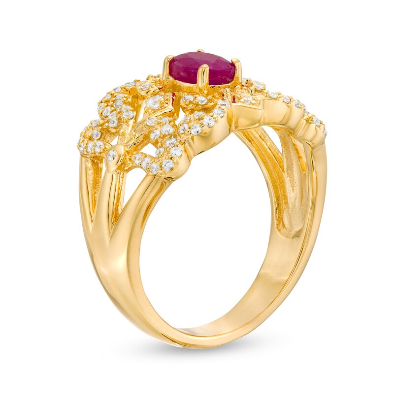 Oval Ruby and 0.67 CT. T.W. Diamond Triple Row Split Shank Vintage-Style Ring in 10K Gold