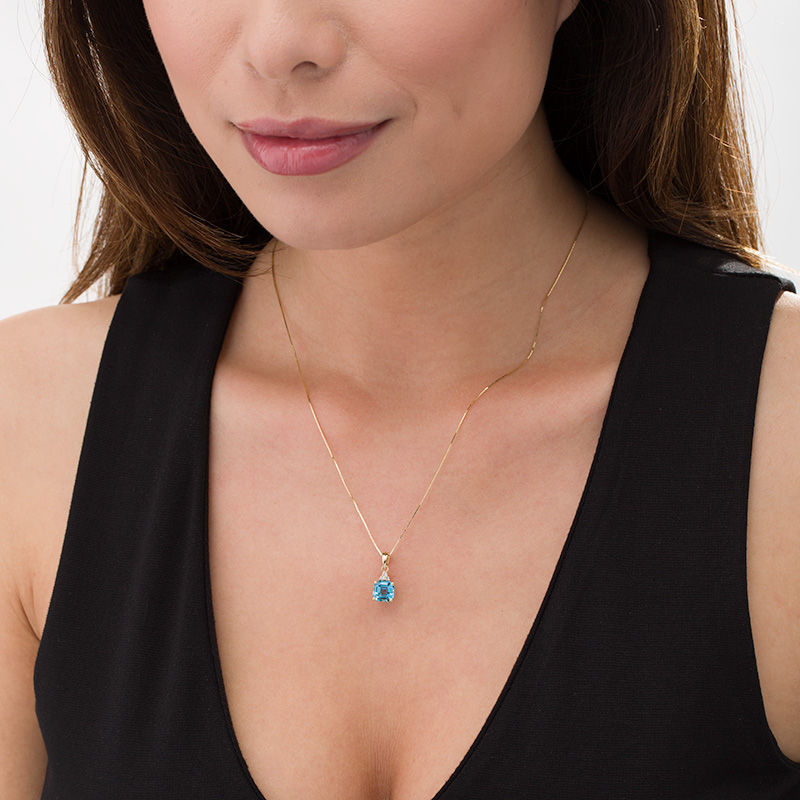 7.0mm Asscher-Cut Swiss Blue Topaz and 0.05 CT. T.W. Diamond Tri-Top Drop Pendant in 10K Gold