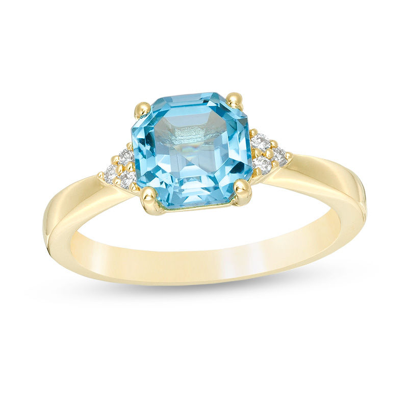 Main Image 1 of 7.0mm Asscher-Cut Swiss Blue Topaz and 0.05 CT. T.W. Diamond Tri-Sides Ring in 10K Gold