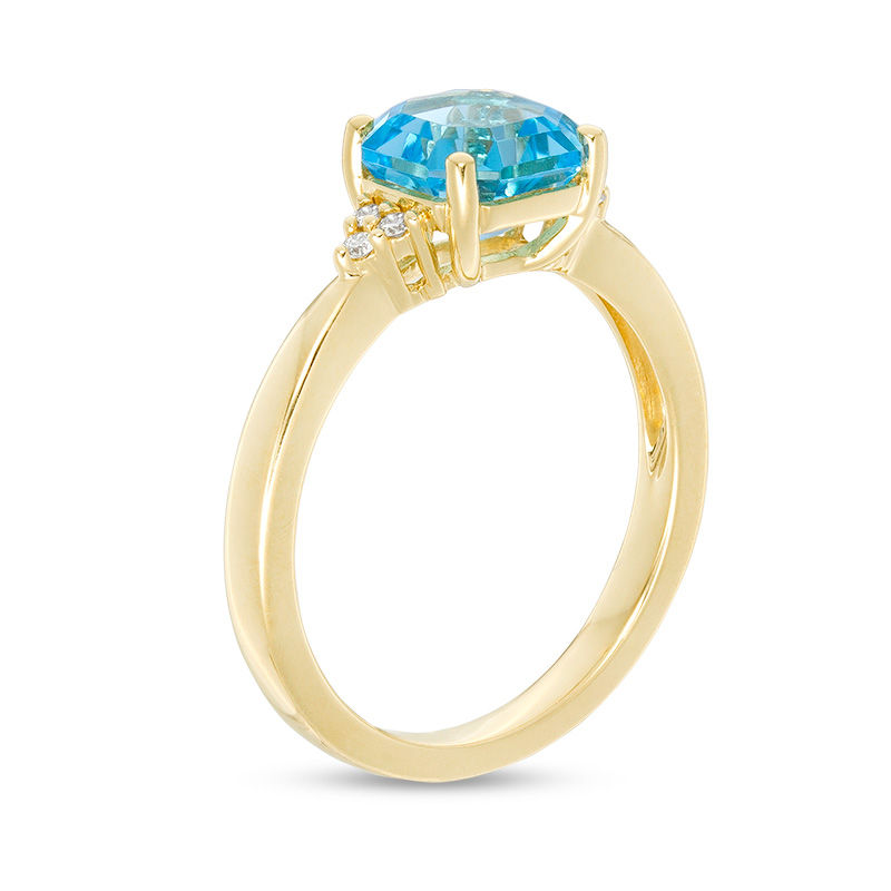 Main Image 3 of 7.0mm Asscher-Cut Swiss Blue Topaz and 0.05 CT. T.W. Diamond Tri-Sides Ring in 10K Gold