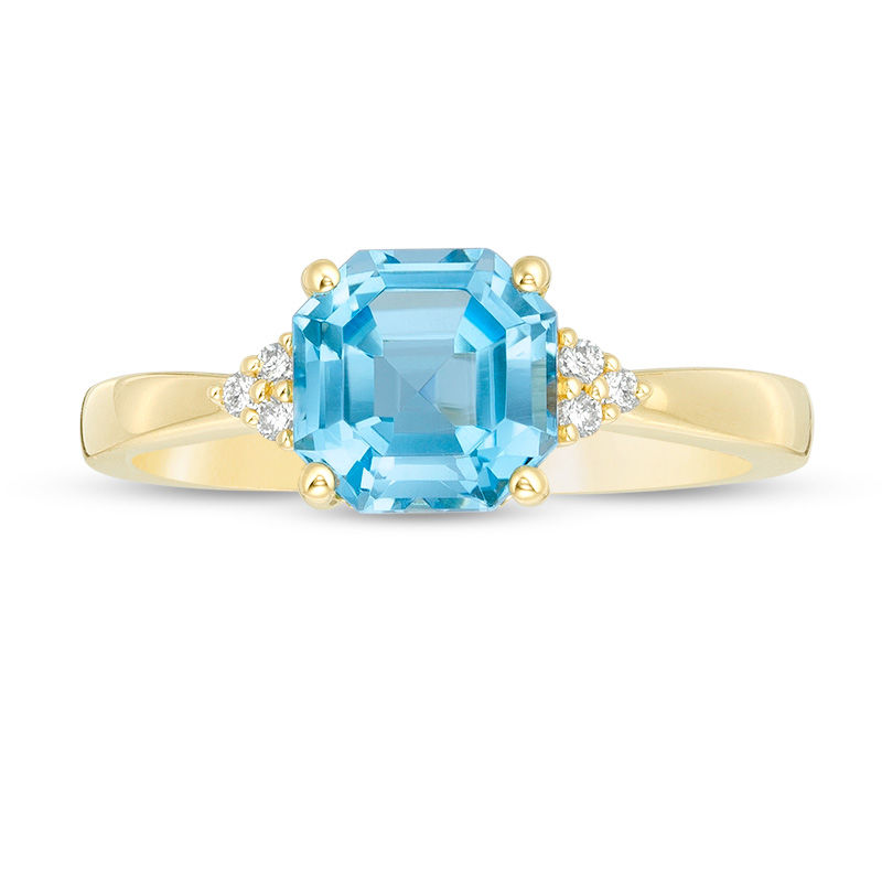 Main Image 4 of 7.0mm Asscher-Cut Swiss Blue Topaz and 0.05 CT. T.W. Diamond Tri-Sides Ring in 10K Gold