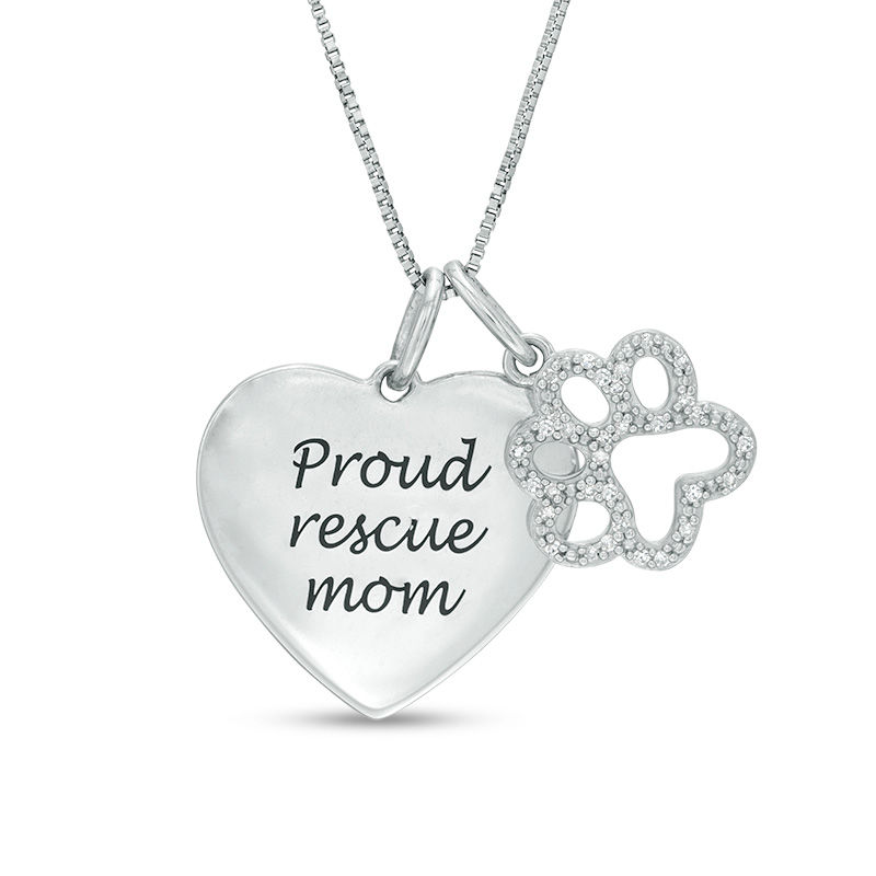 Main Image 1 of 0.10 CT. T.W. Diamond Paw Print Outline and "Proud rescue mom" Heart Charm Pendant in Sterling Silver