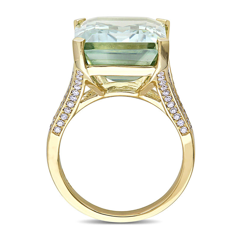 Main Image 4 of Emerald-Cut Green Quartz and 0.44 CT. T.W. Diamond Split Shank Ring in 14K Gold