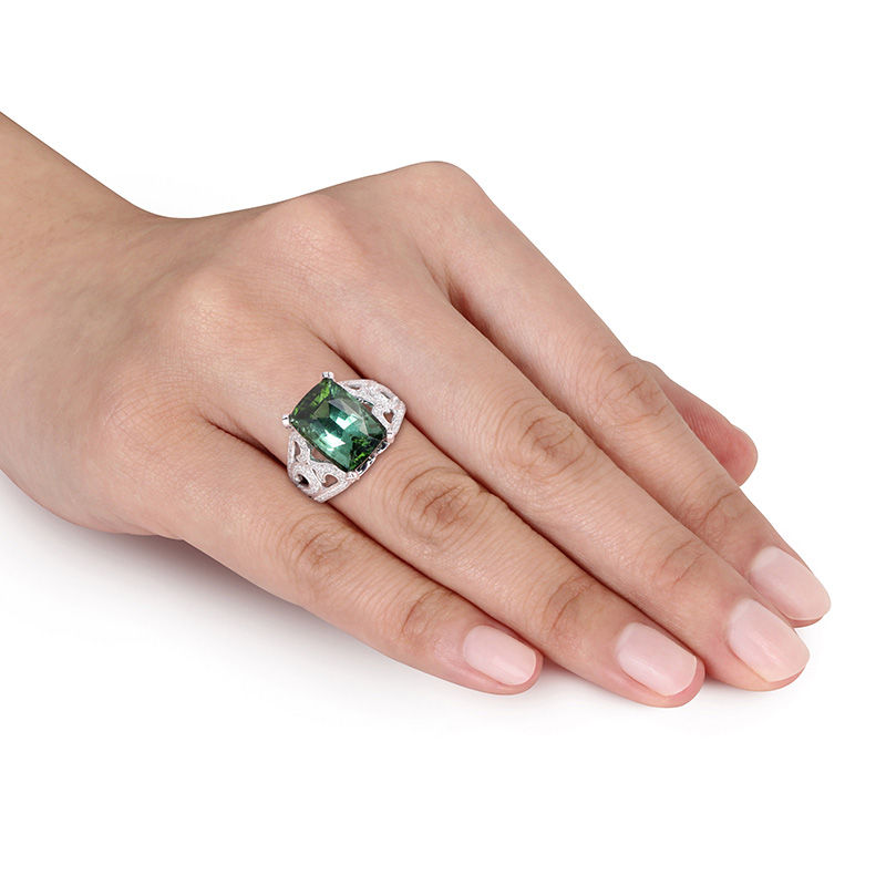 Cushion-Cut Green Tourmaline and 0.61 CT. T.W. Diamond Beaded Filigree Ring in 14K White Gold