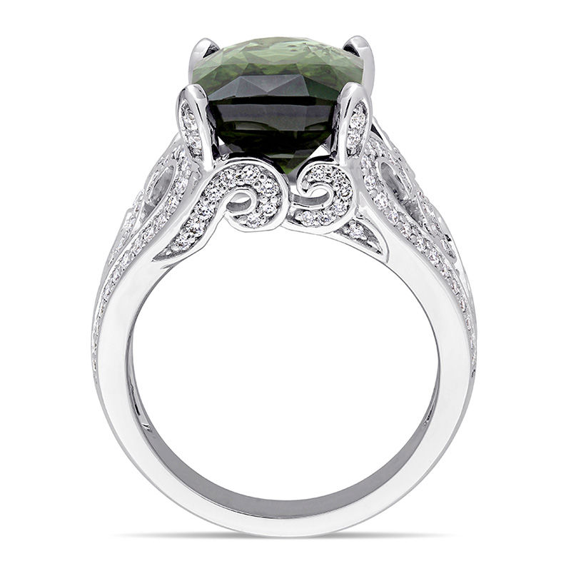 Cushion-Cut Green Tourmaline and 0.61 CT. T.W. Diamond Beaded Filigree Ring in 14K White Gold