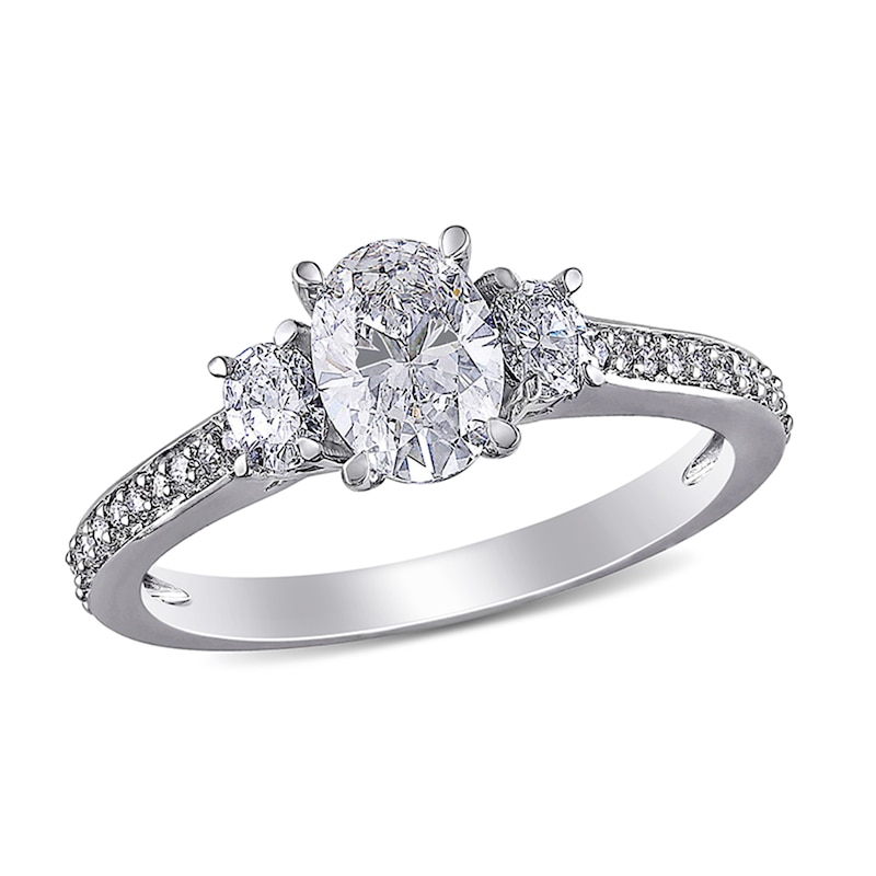 Main Image 1 of 1.10 CT. T.W. Oval Diamond Three Stone Engagement Ring in 14K White Gold