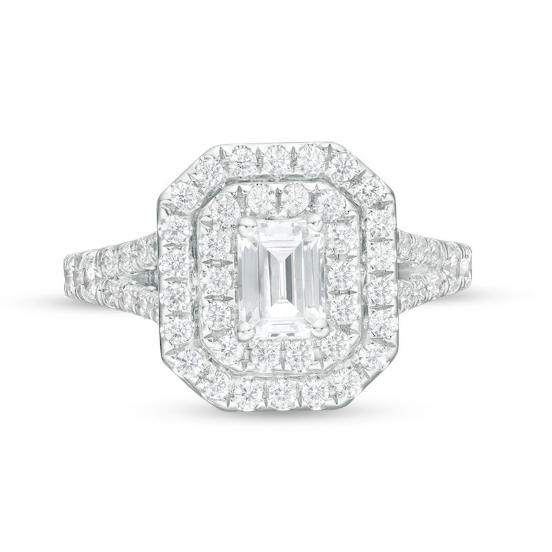 Celebration Canadian Ideal 1.70 CT. T.W. Emerald-Cut Diamond Double Frame Engagement Ring in 14K White Gold (I/SI2)