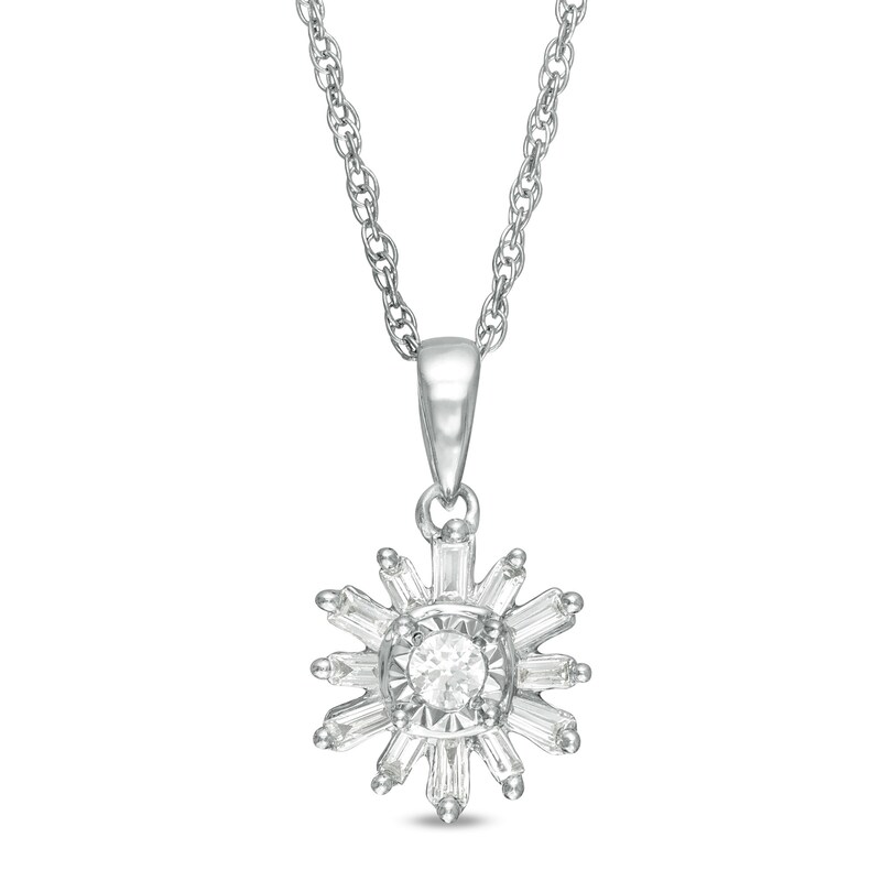 Main Image 1 of 0.20 CT. T.W. Baguette and Round Diamond Snowflake Pendant in 10K White Gold