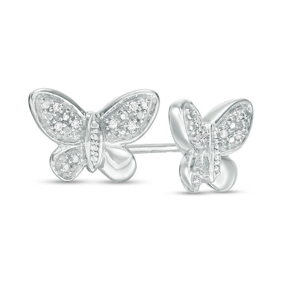 Diamond Accent and Beaded Butterfly Stud Earrings in Sterling Silver