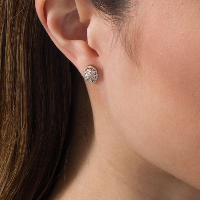 Main Image 2 of 0.30 CT. T.W. Composite Diamond Oval Sunburst Frame Stud Earrings in 10K Gold