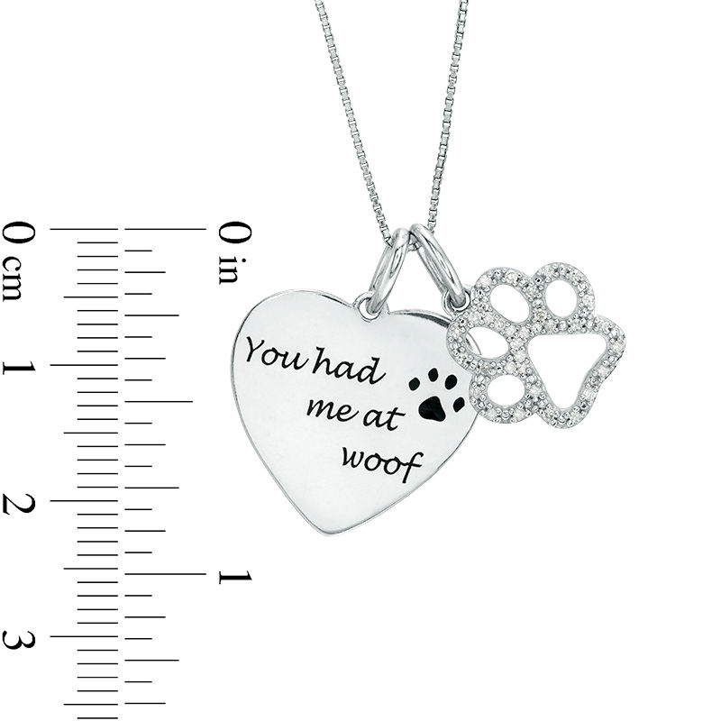 0.10 CT. T.W. Diamond Paw Print Outline and "You had me at woof" Heart Charm Pendant in Sterling Silver