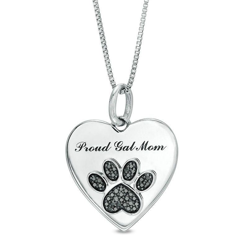 0.09 CT. T.W. Black Diamond Paw Print and "Proud Cat Mom" Heart Pendant in Sterling Silver|Peoples Jewellers