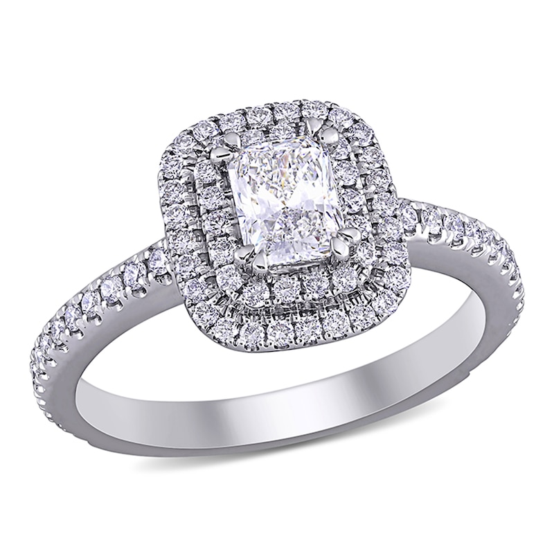 Main Image 1 of 0.95 CT. T.W. Radiant-Cut Diamond Double Frame Engagement Ring in 14K White Gold (H/VS2)