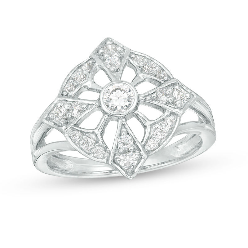 0.45 CT. T.W. Diamond Art Deco Flower Ring in 10K White Gold