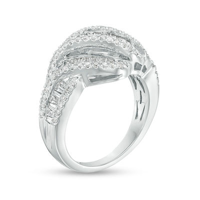 0.98 CT. T.W. Baguette and Round Diamond Multi-Row Wave Ring in 10K White Gold