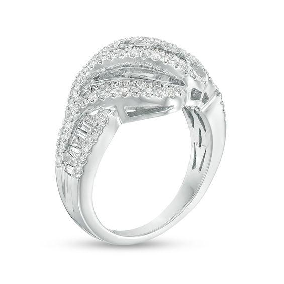 0.98 CT. T.W. Baguette and Round Diamond Multi-Row Wave Ring in 10K White Gold