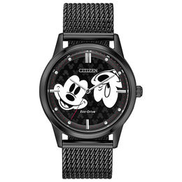 Citizen Eco-Drive® Mickey Mouse Black IP Mesh Watch with Black Dial (Model: FE7065-52W)