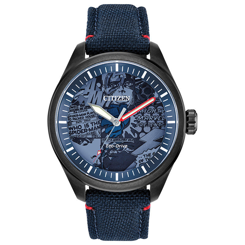 Men's Citizen Eco-Drive® Marvel Heroes Grey IP Strap Watch with Blue Dial (Model: AW2037-04W)